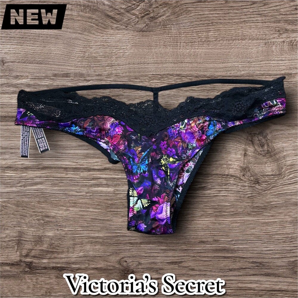 New Victoria’s Secret Very Sexy Floral Lace Thong – Black Multi – Size Medium